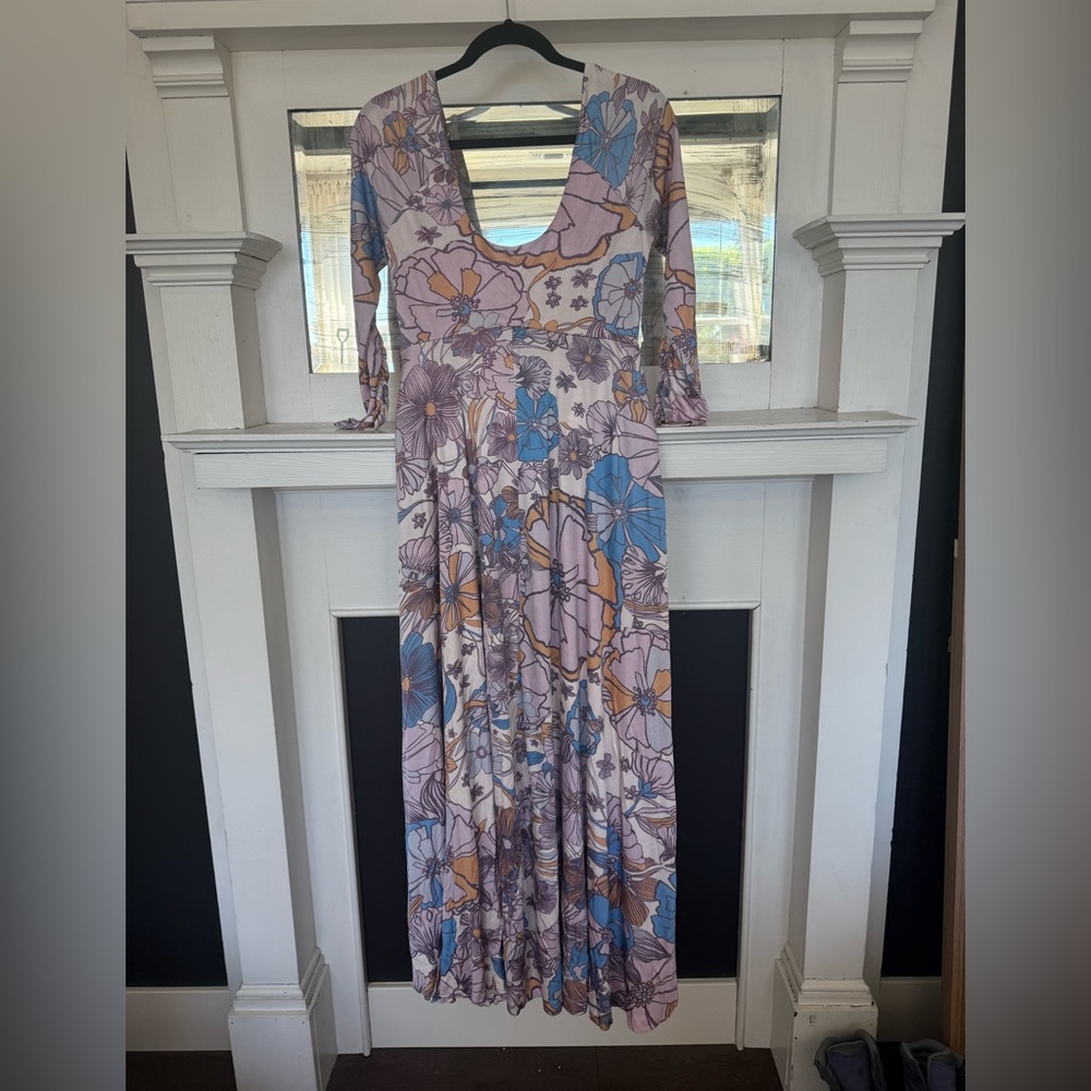 Free People Scoop-Back Floral Maxi Dress in Lavender, Blue, and Tan